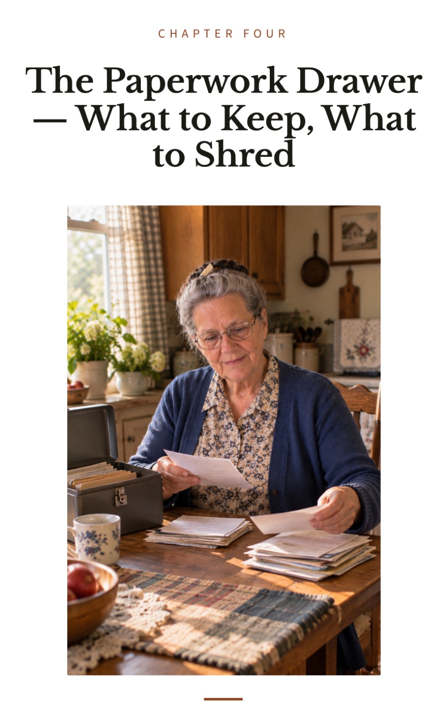 Page 17 of What Stays: Chapter Four, The Paperwork Drawer — What to Keep, What to Shred.