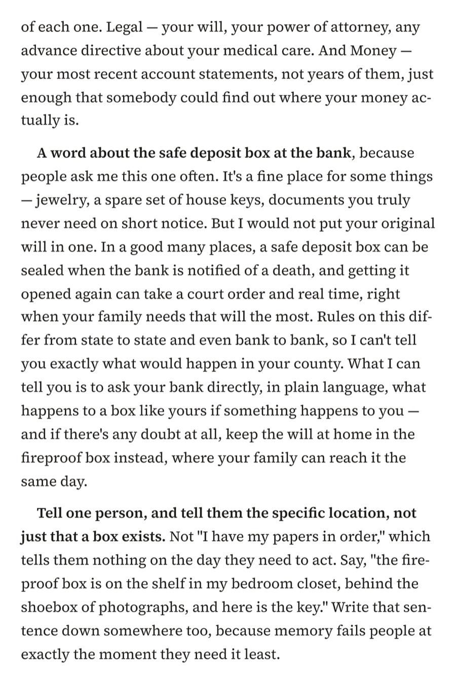 Page 23 of What Stays: getting your documents, and what goes in the fireproof box.
