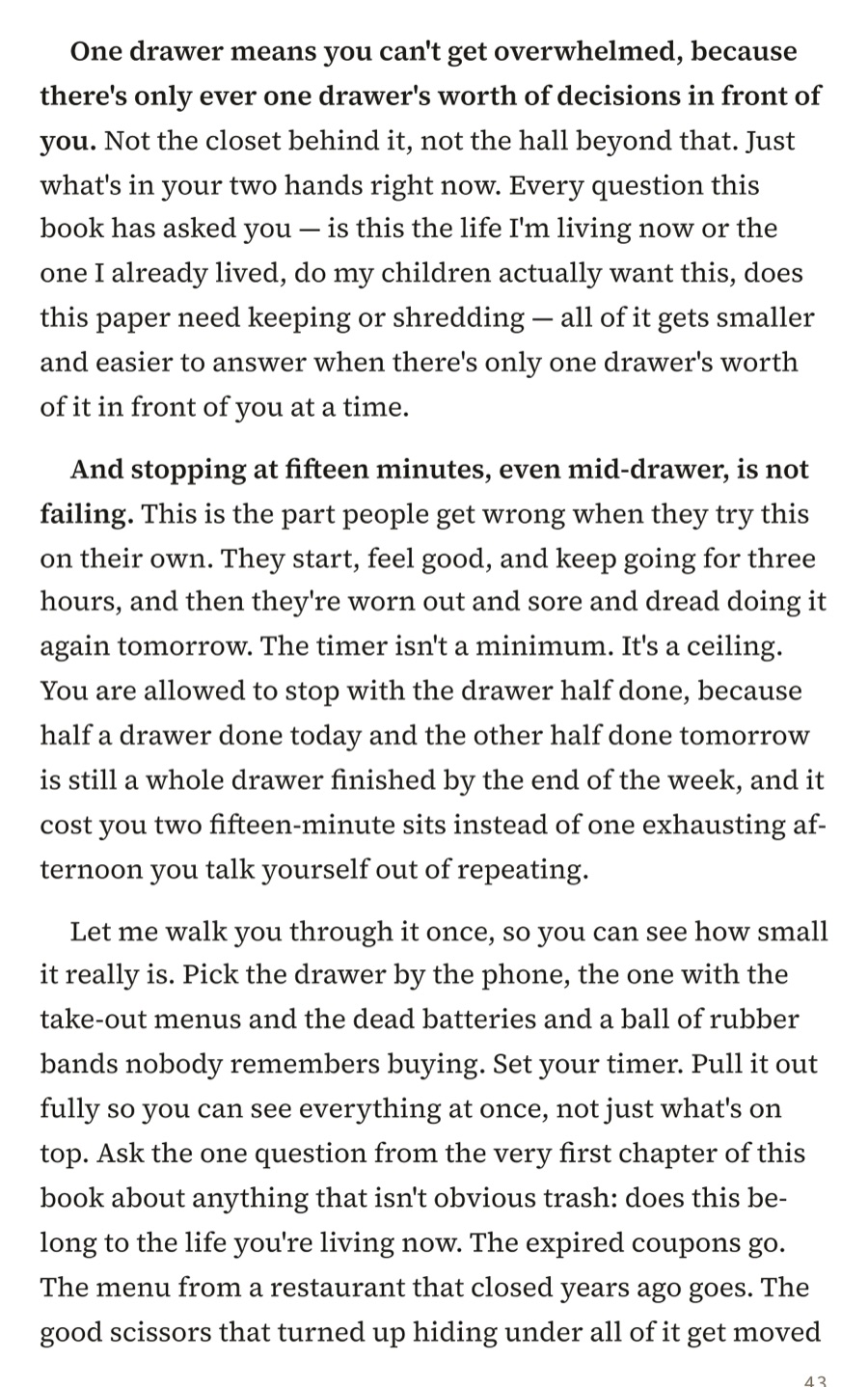 Page 43 of What Stays: the one-drawer, fifteen-minute rule, start to finish.