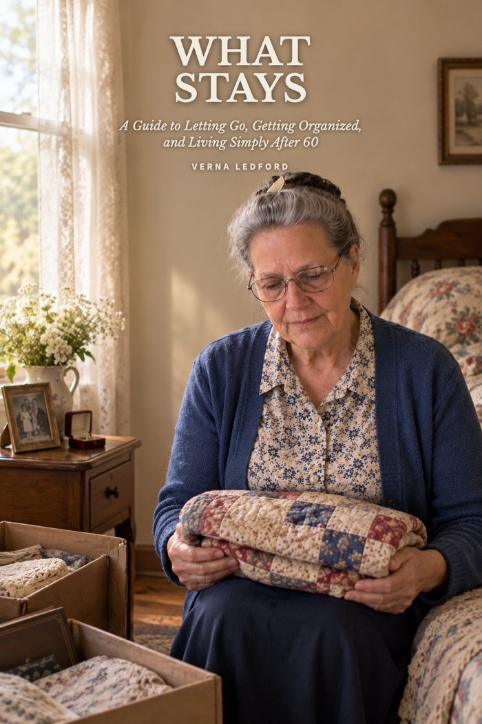 What Stays: A Guide to Letting Go, Getting Organized, and Living Simply After 60, by Verna Ledford — book cover.