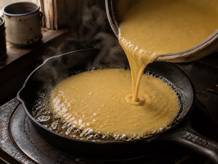 Thin cornbread batter poured into a skillet of shimmering hot fat