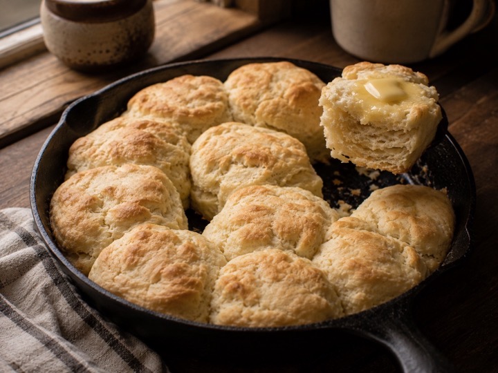 Buttermilk biscuits baked with their sides touching in a cast iron skillet