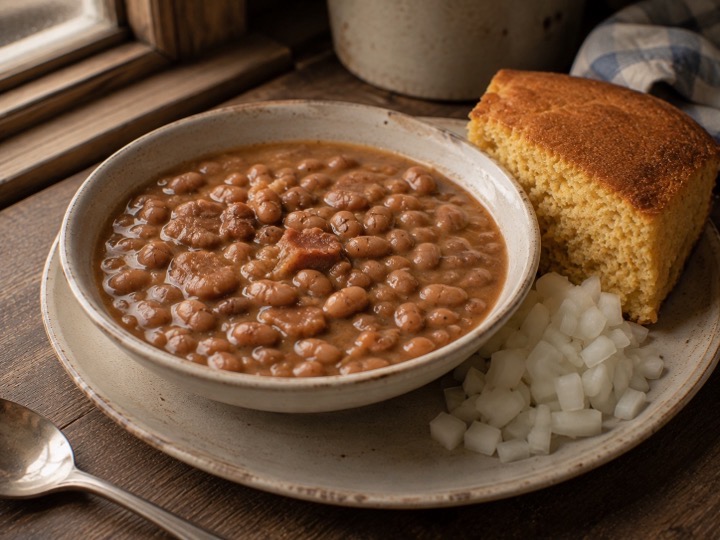 A bowl of soup beans in broth with a wedge of cornbread