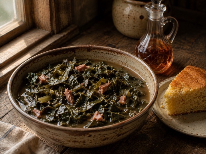 Long-cooked greens in pot likker with cider vinegar alongside