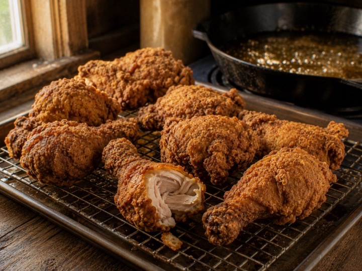 Golden fried chicken draining on a wire rack