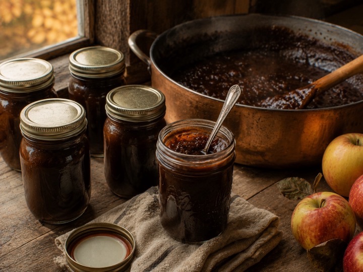 Jars of dark apple butter on a wooden table