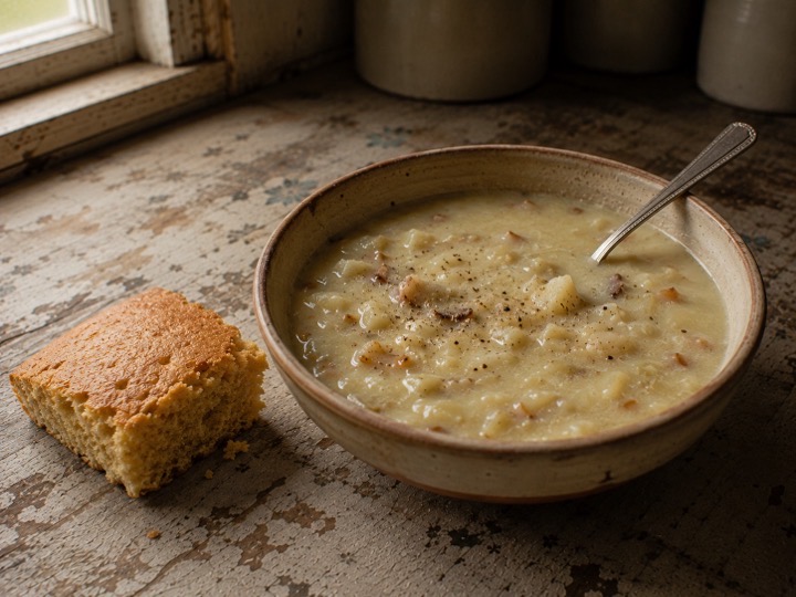 A bowl of thick potato soup with browned onion