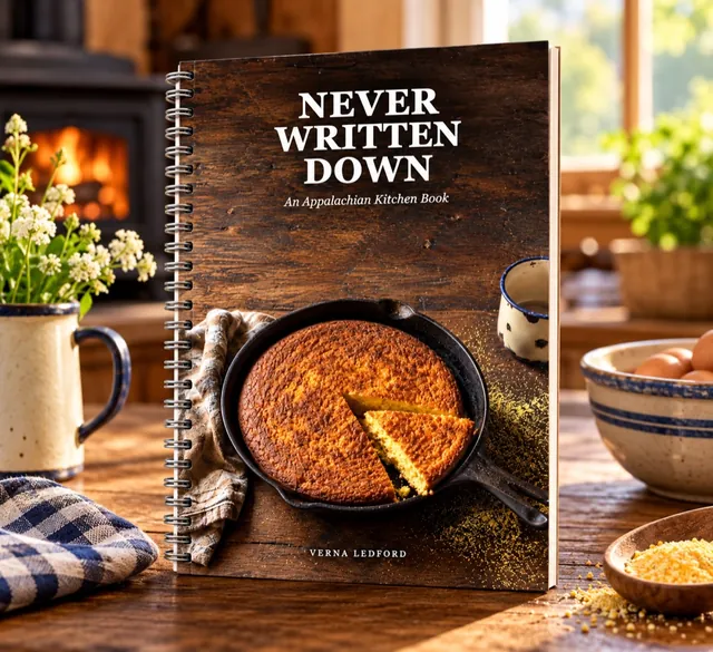 Never Written Down coil-bound cookbook standing on a wooden kitchen counter