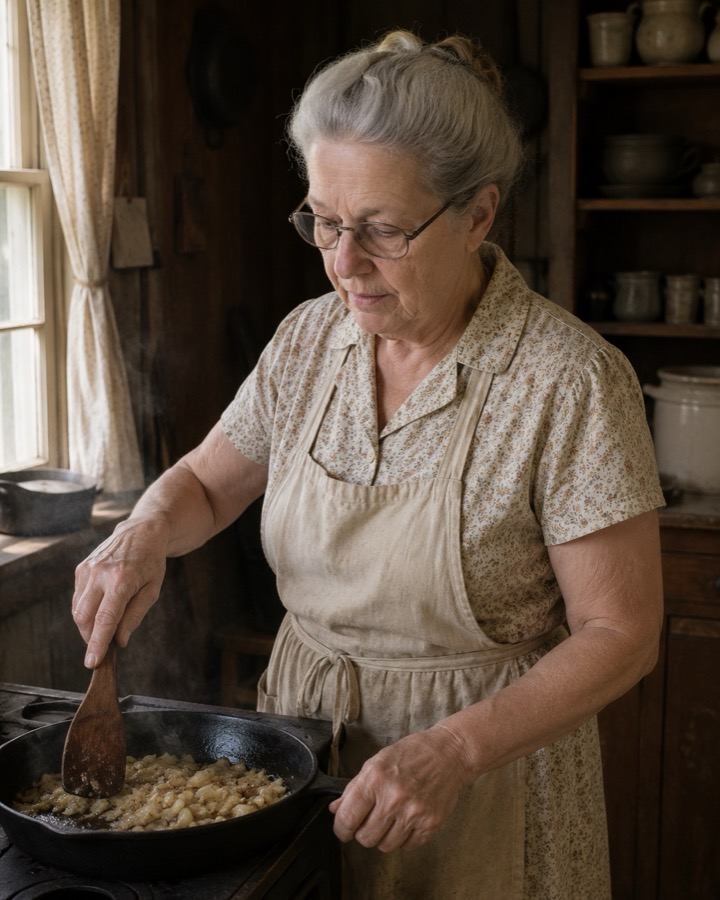 Verna Ledford at her stove, turning fried apples in a cast iron skillet