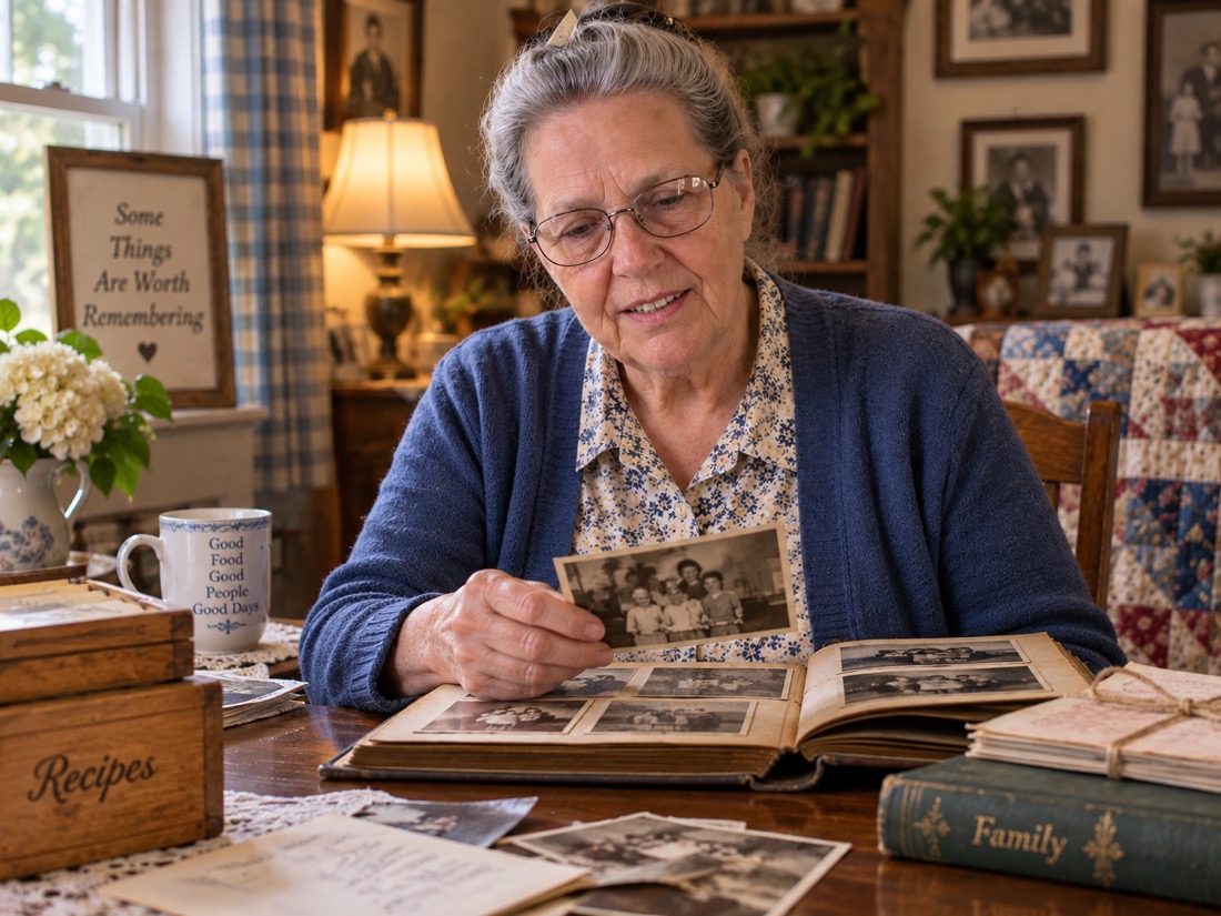 Verna Ledford looking through an old family photo album at her table.